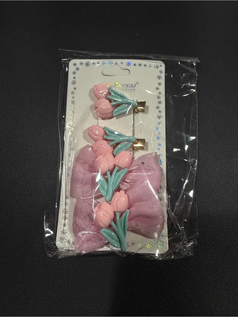 Prince Pink Bow and Mint Tulip Hair Clip Set